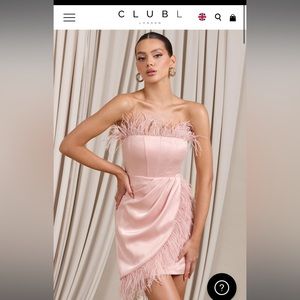 Club L London FOREVER HIGH 
NUDE BANDEAU WRAP FRONT MINI DRESS WITH FEATHER TRIM